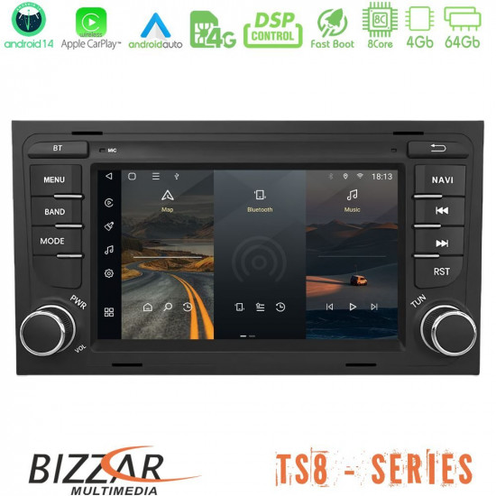 Bizzar Audi A4 2004-2007 8core Android14 4+64GB Navigation Multimedia Deckless 7 με Carplay/AndroidAuto (OEM Style)
