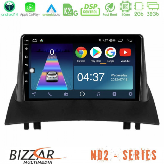 Bizzar ND2 Series 8Core Android14 2+32GB  Renault Megane 2 2002-2008 Navigation Multimedia Tablet 9 Με Carplay - Android Auto