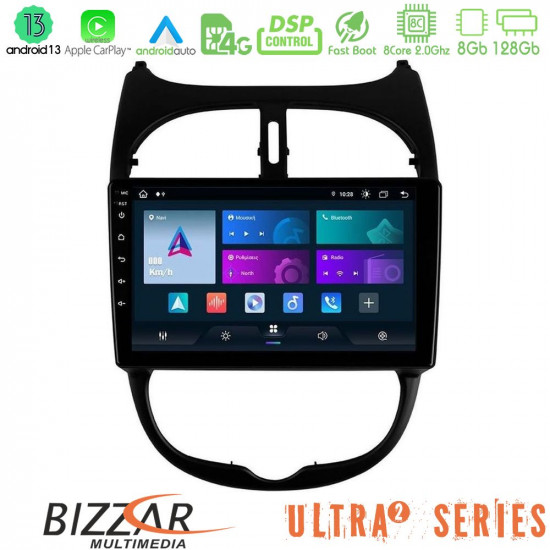 Bizzar Ultra Series Peugeot 206 8core Android13 8+128GB Navigation Multimedia Tablet 9