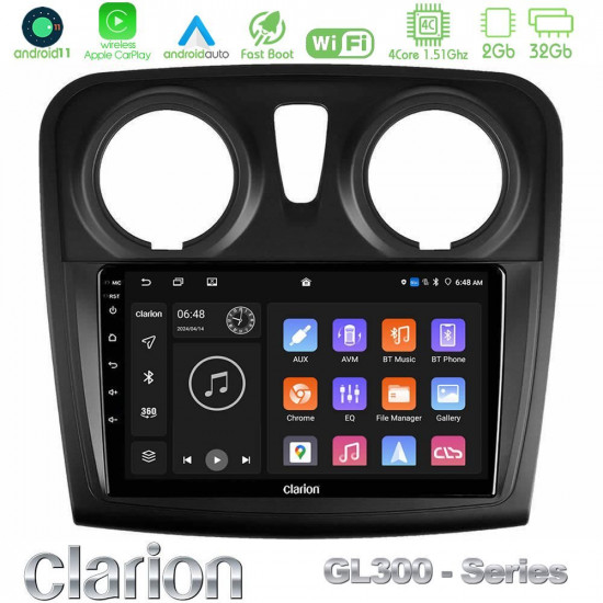 Clarion GL300 Series 4Core Android11 2+32GB Dacia Sandero/Dokker 2014-2020 Navigation Multimedia Tablet 9 Με Carplay -amp; Android Auto