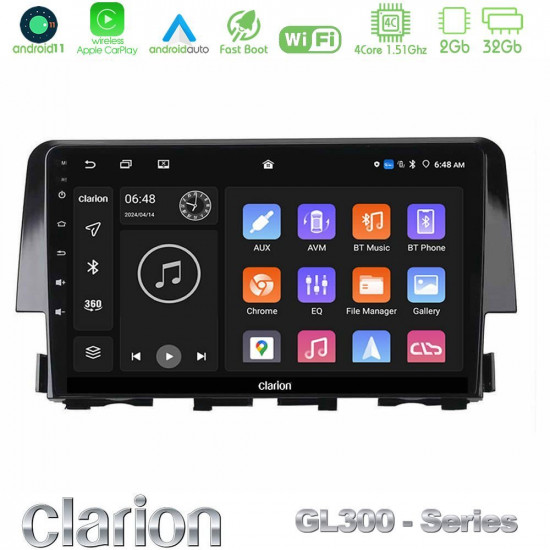 Clarion GL300 Series 4Core Android11 2+32GB Honda Civic 2016-2020 Navigation Multimedia Tablet 9 Με Carplay -amp; Android Auto