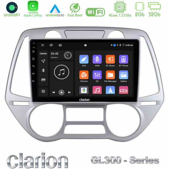 Clarion GL300 Series 4Core Android11 2+32GB Hyundai i20 2009-2012 Auto A/C Navigation Multimedia Tablet 9 Με Carplay -amp; Android Auto Clarion GL300 Series 4Core Android11 2+32GB Hyundai i20 2009-2012 Auto A/C Navigation Multimedia Tablet 9 Με Carplay -amp; Android Auto