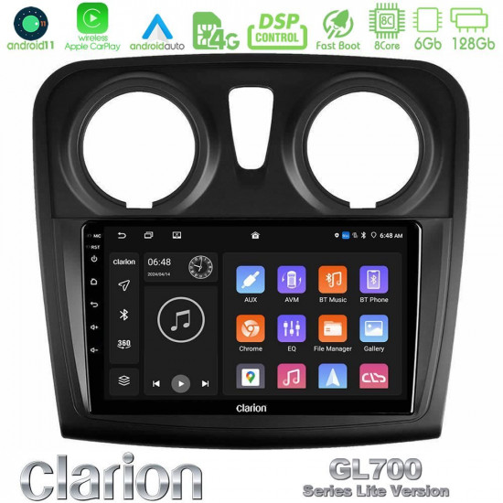 Clarion GL700 Lite Series 8Core Android11 6+128GB Dacia Sandero/Dokker 2014-2020 Navigation Multimedia Tablet 9 Με Carplay -amp; Android Auto