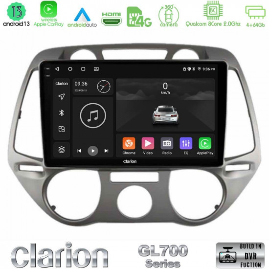 Clarion GL700 Series 8Core Android13 4+64GB Hyundai i20 2009-2012 Manual A/C Navigation Multimedia Tablet 9 Με Carplay -amp; Android Auto
