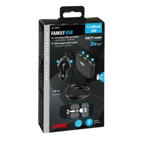 Lampa ΑΝΤΑΠΤΟΡΑΣ ΑΝΑΠΤΗΡΑ ME 5 USB 12/24V 11600mA 58W ΜΕ ΚΑΛΩΔΙΟ 180cm (FAST CHARGE)