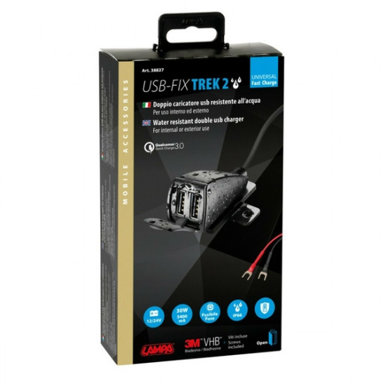 Lampa ΦΟΡΤΙΣΤΗΣ USB ΔΙΠΛΟΣ TREK 2 12/24V 5400mA ΜΕ ΒΑΣΗ ΣΤΗΡΙΞΗΣ ΒΙΔΩΤΗ - ΚΑΛΩΔΙΟ 150cm ΑΔΙΑΒΡΟΧΟΣ