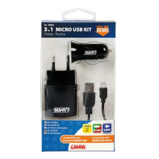 Lampa Καλώδιο Φορτισης MICRO USB 100cm με αντάπτορα USB αναπτήρα 12V/24V και αντάπτορα 220V