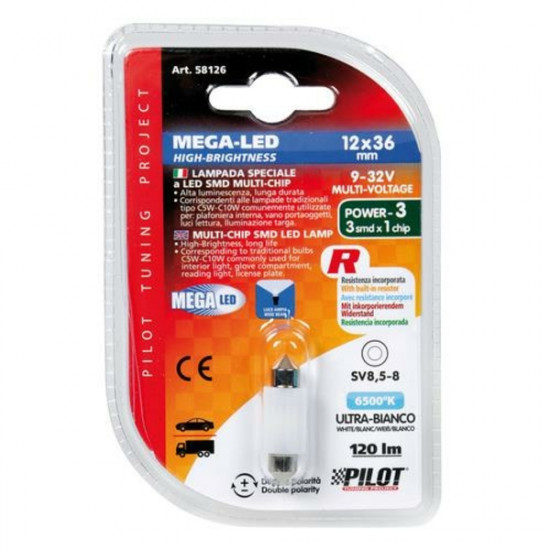 Lampa ΛΑΜΠΑΚΙ ΠΛΑΦΟΝΙΕΡΑΣ 9>32V 12x36mm 120lm ΛΕΥΚΟ MEGA-LED12 (ΔΙΠΛΗΣ ΠΟΛΙΚΟΤΗΤΑΣ) BLISTER 1ΤΕΜ.