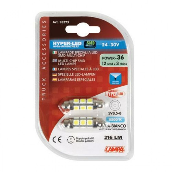 Lampa Λαμπάκια Πλαφονιέρας  24-30V SV8,5-8 10x41mm 216lm HYPER-LED (Διπλής Πολικότητας) BLISTER 2τεμ