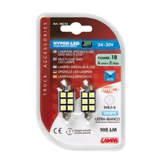Lampa Λαμπάκια Πλαφονιέρας 24-30V SV8,5-8 15x39mm 108lm HYPER-LED18 (Διπλής Πολικότητας) BLISTER 2τεμ Lampa Λαμπάκια Πλαφονιέρας 24-30V SV8,5-8 15x39mm 108lm HYPER-LED18 (Διπλής Πολικότητας) BLISTER 2τεμ