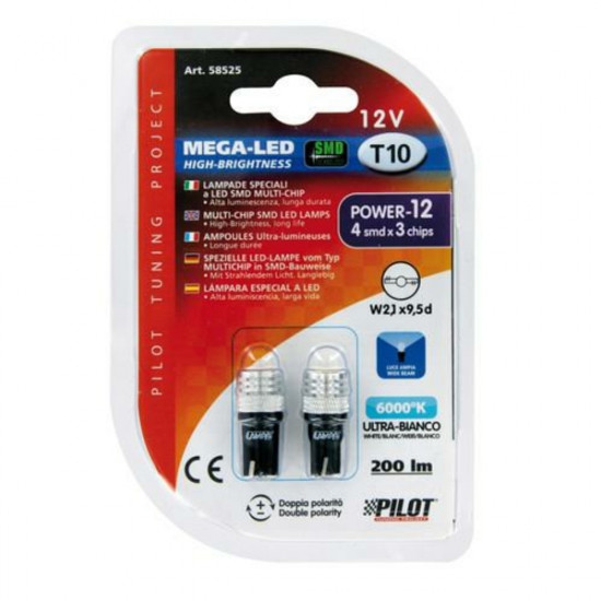 Lampa T10 12V W2,1x9,5d MEGA-LED 12 200lm (ΔΙΠΛΗΣ ΠΟΛΙΚΟΤΗΤΑΣ) 2ΤΕΜ.