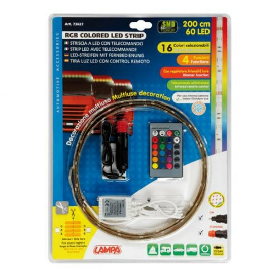 Lampa ΤΑΙΝΙΑ 60LED 12/24V RGB MULTICOLOR 200cm ΜΕ ΦΙΣ ΑΝΑΠΤΗΡΑ ΚΑΙ ΤΗΛΕΧΕΙΡΙΣΜΟ 16 ΧΡΩΜΑΤΩΝ  ΚΑΙ 3 ΧΡΗΣΕΩΝ
