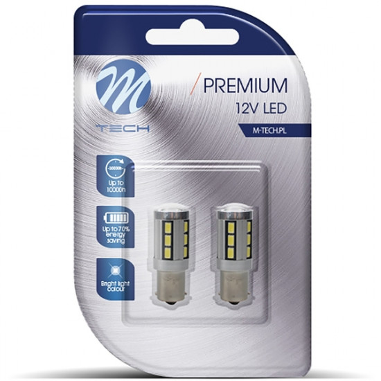 M-Tech P21W 12V BA15s LED 18xSMD5730 PREMIUM ΛΕΥΚΟ (ΜΟΝΟΠΟΛΙΚΟ) BLISTER 2ΤΕΜ. M-TECH